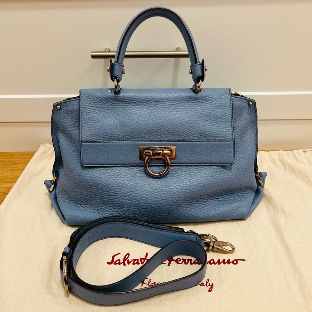 Salvatore Ferragamo Sofia Satchel Blue Jean Pebbled calf leather